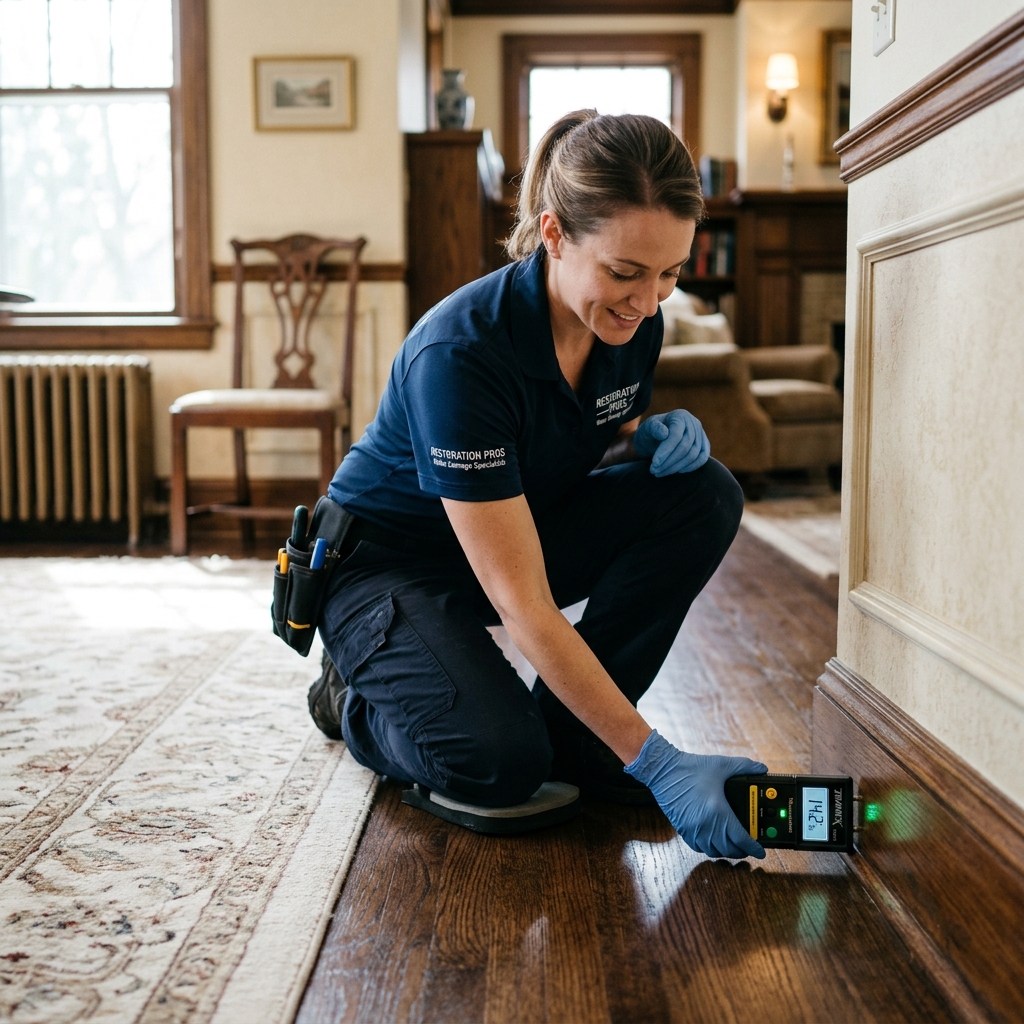 Professional restoration technician inspecting moisture.